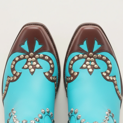 Yehaw ADELE knee-high turquoise vegan leather cowgirl boots with brown trim, silver studs, and decorative fringe