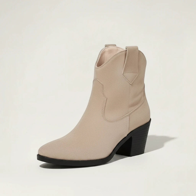 Yehaw ADA beige vegan suede ankle cowboy boots for women with a round toe and high block heel
