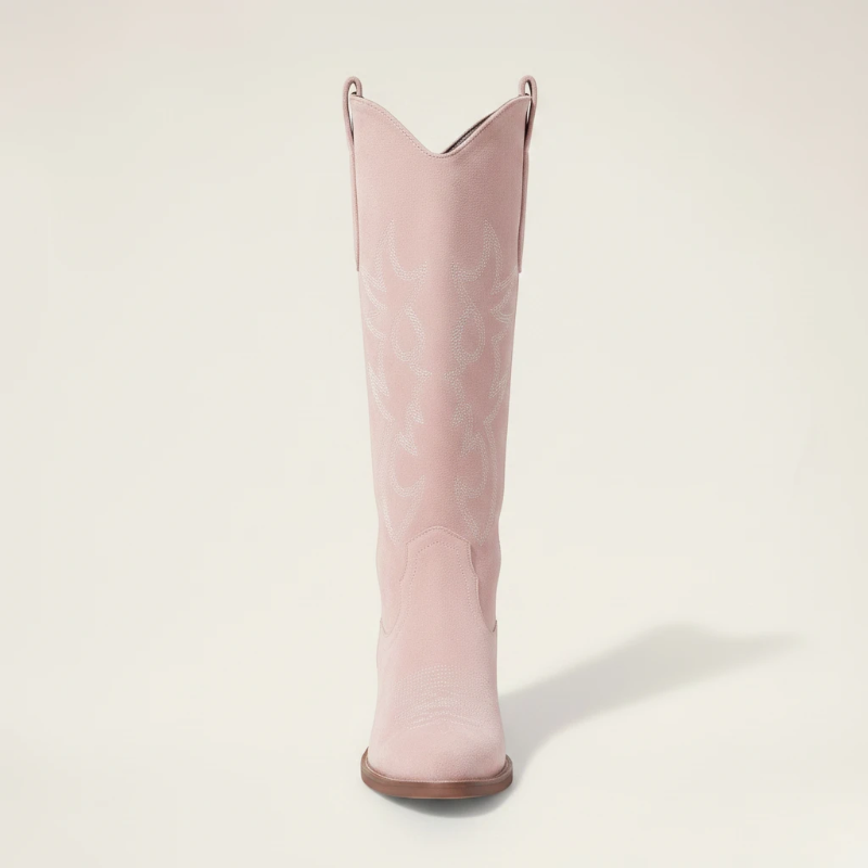 Yehaw pink vegan suede mid-calf cowgirl boots with round toe, western stitching, and medium block heel