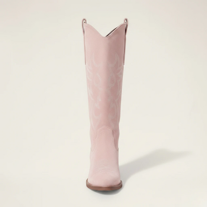 Yehaw pink vegan suede mid-calf cowgirl boots with round toe, western stitching, and medium block heel