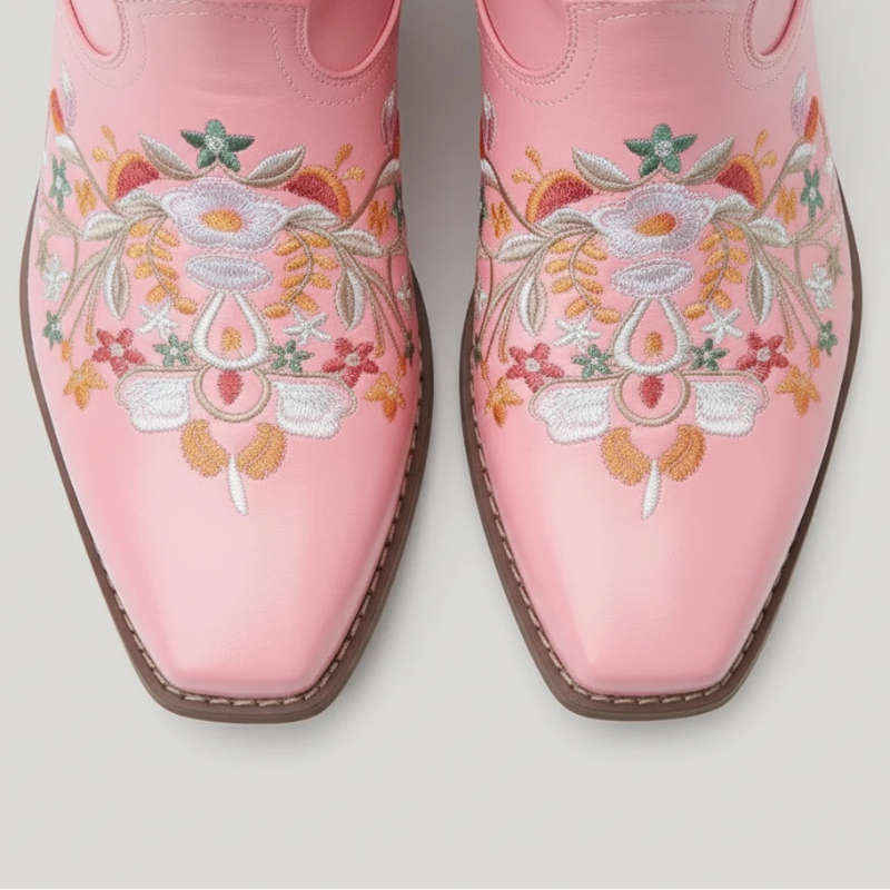 Yehaw pink vegan leather ankle cowgirl boots with pointed toes and colourful floral embroidery