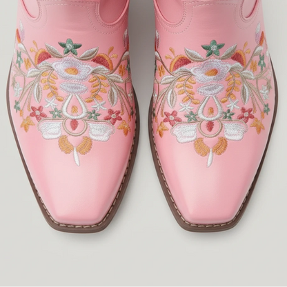 Yehaw pink vegan leather ankle cowgirl boots with pointed toes and colourful floral embroidery