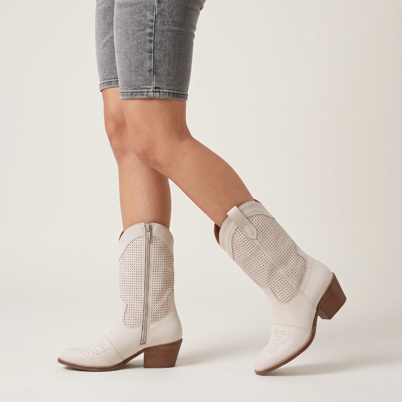 Yehaw beige vegan leather ankle cowgirl boots with a perforated shaft and a medium block heel.