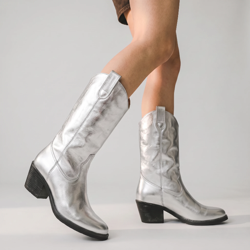 Yehaw HAZEL silver vegan microfibre ankle cowgirl boots with a square toe and rubber sole