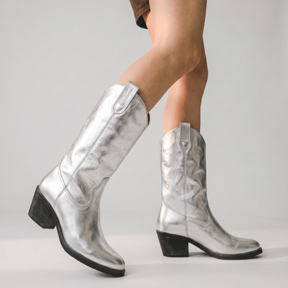 Yehaw HAZEL silver vegan microfibre ankle cowgirl boots with a square toe and rubber sole