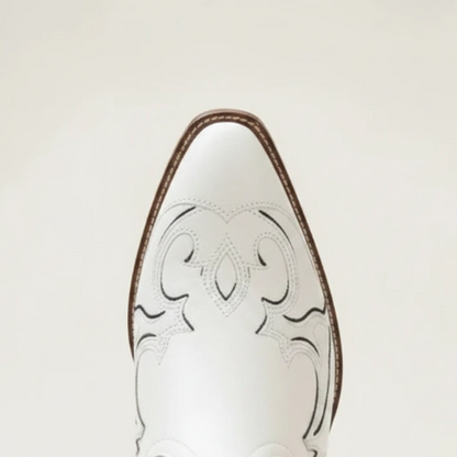 Yehaw ANAIS beige vegan leather mid-calf cowgirl boots with pointed toe and decorative western stitching, back view