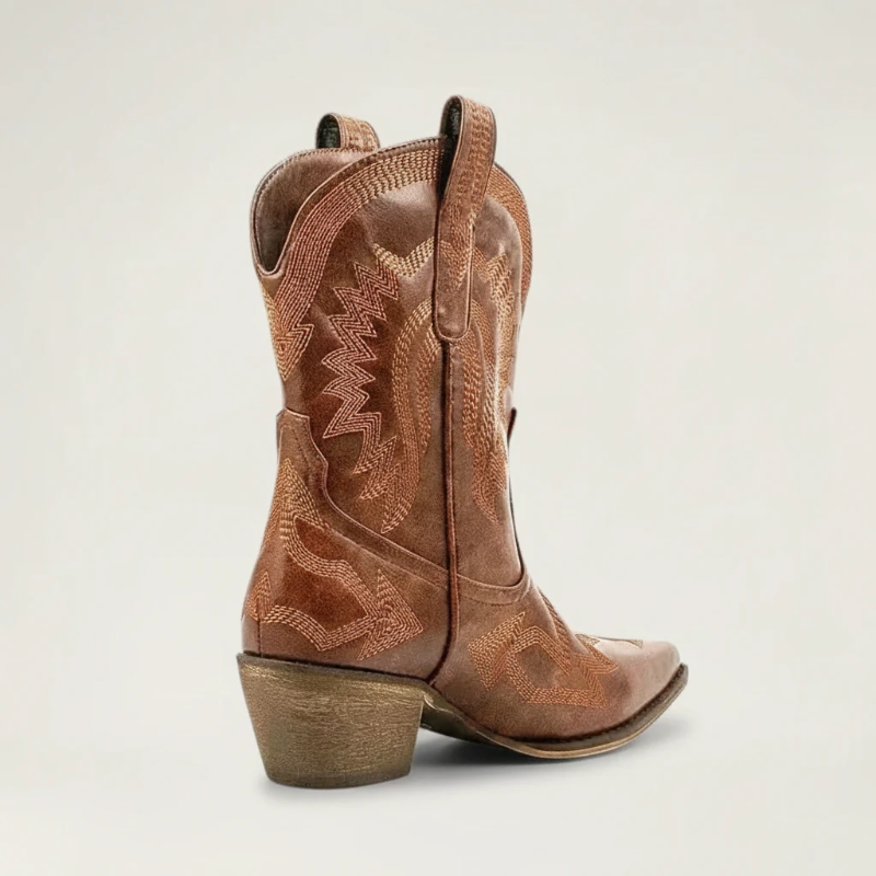 Yehaw brown vegan leather ankle cowboy boots with pointed toe, high heel, and decorative western stitching