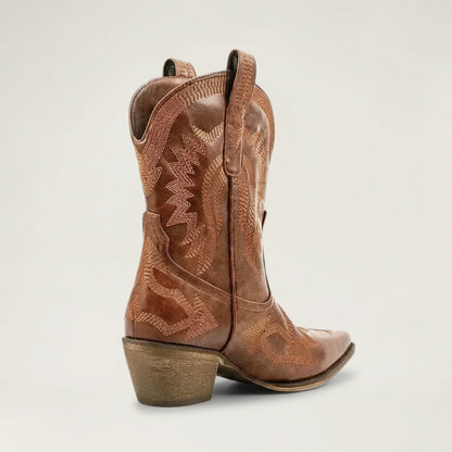 Yehaw brown vegan leather ankle cowboy boots with pointed toe, high heel, and decorative western stitching