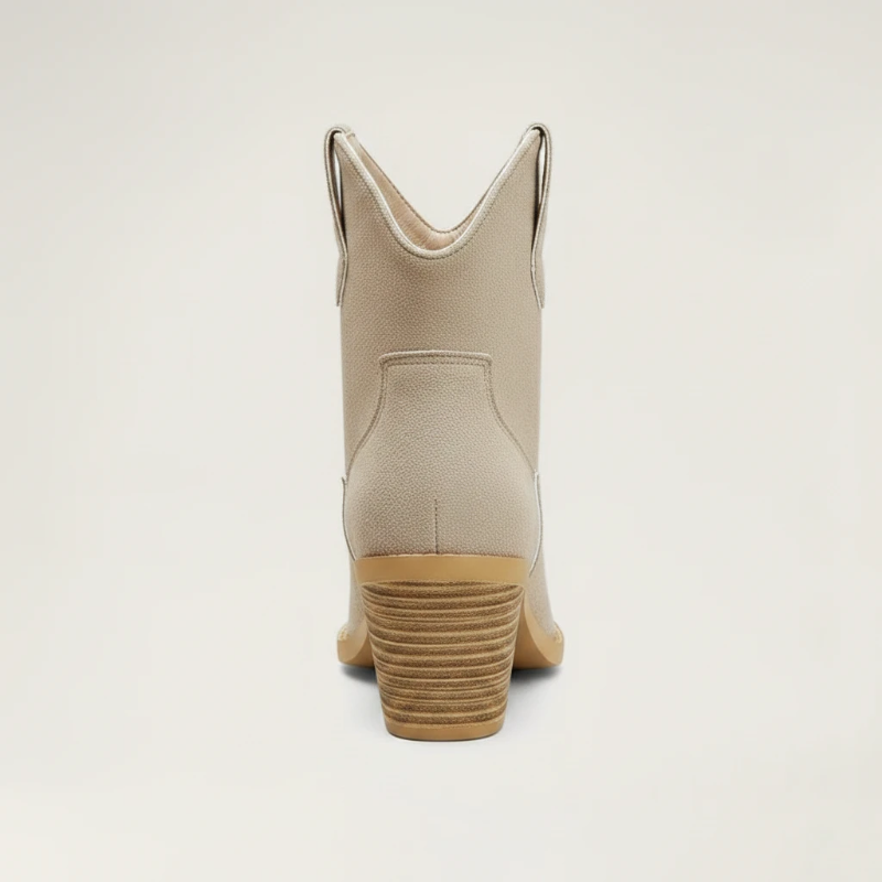 Yehaw ROSIE beige vegan suede ankle cowboy boots for women with a medium block heel and round toe design.