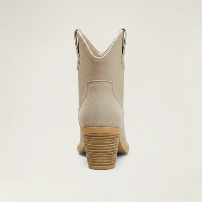 Yehaw ROSIE beige vegan suede ankle cowboy boots for women with a medium block heel and round toe design.