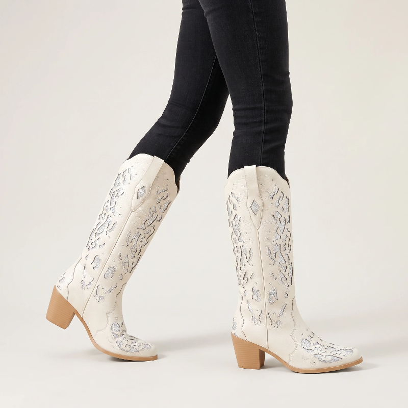 Yehaw BERNARDA beige vegan leather mid-calf cowgirl boots with silver glitter cutout details and a pointed toe.