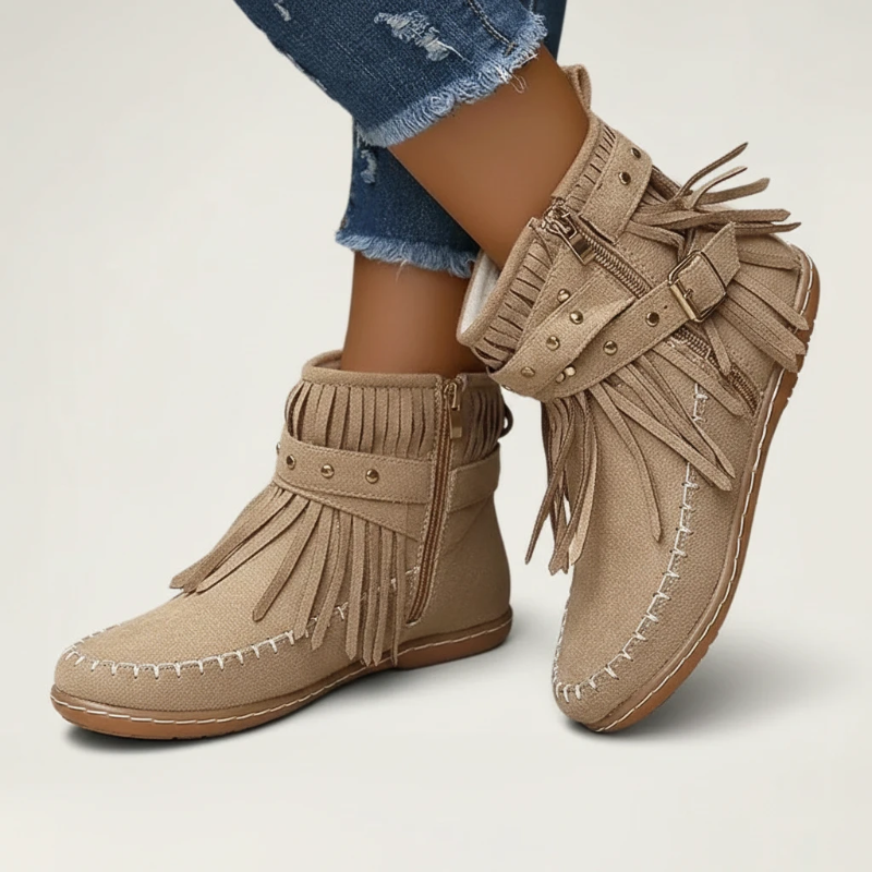 Yehaw beige vegan suede ankle cowgirl boots with fringe detail, side buckle, and flat rubber sole