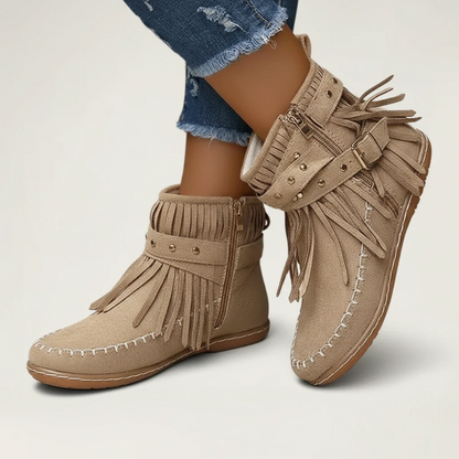 Yehaw beige vegan suede ankle cowgirl boots with fringe detail, side buckle, and flat rubber sole