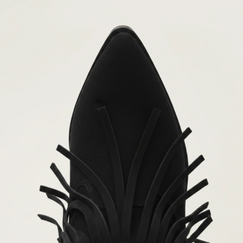 Yehaw BELLA black vegan leather mid-calf cowgirl boots with pointed toe, fringe detail, and silver stud accents.