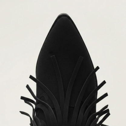 Yehaw BELLA black vegan leather mid-calf cowgirl boots with pointed toe, fringe detail, and silver stud accents.