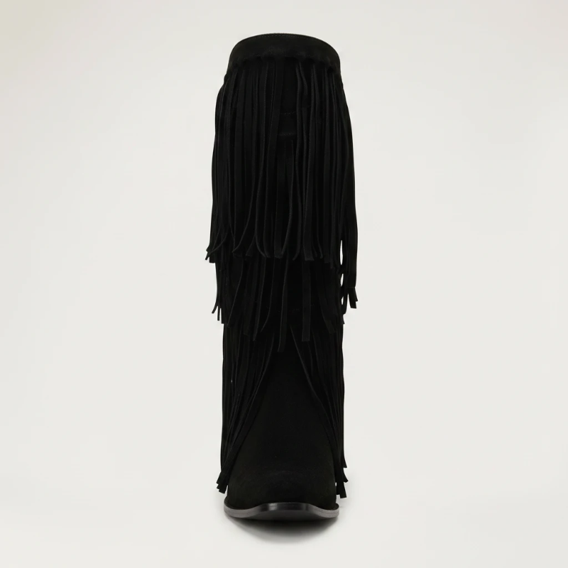 Yehaw black vegan suede mid-calf cowgirl boots with fringe detailing and a pointed toe