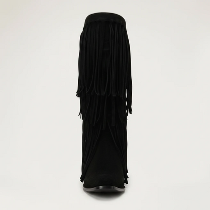 Yehaw black vegan suede mid-calf cowgirl boots with fringe detailing and a pointed toe