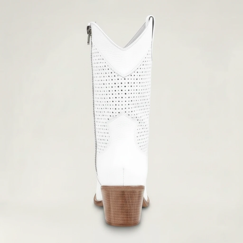 Yehaw white vegan leather cowgirl boots with perforated details and a medium block heel.
