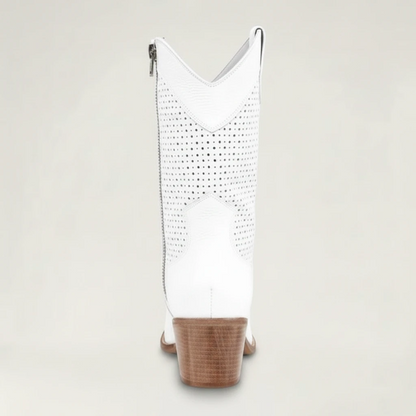 Yehaw white vegan leather cowgirl boots with perforated details and a medium block heel.