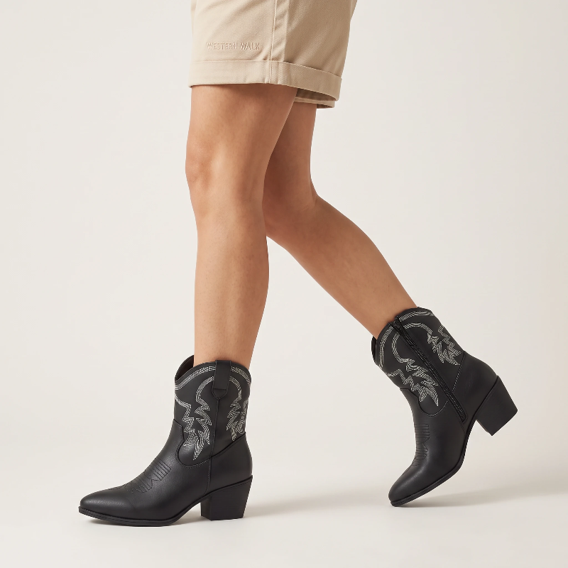 Yehaw CARMELA black vegan leather ankle cowgirl boots with white western embroidery, side zip, and medium block heel.