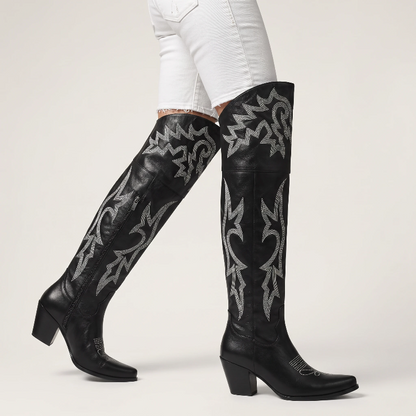 Yehaw BEATRICE black vegan leather knee-high cowgirl boots with white western embroidery and a pointed toe.