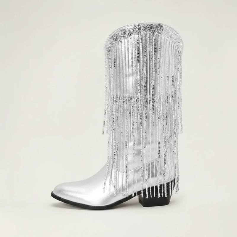 Yehaw TAMMIE silver vegan leather mid-calf cowgirl boots with pointed toe and decorative metallic fringe detailing