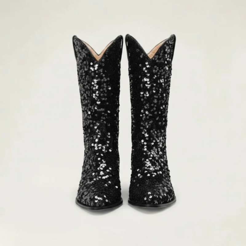 Yehaw black mid-calf cowgirl boots featuring vegan glitter sequin material, pointed toe, and a medium block heel.