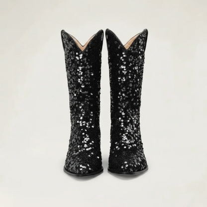 Yehaw black mid-calf cowgirl boots featuring vegan glitter sequin material, pointed toe, and a medium block heel.
