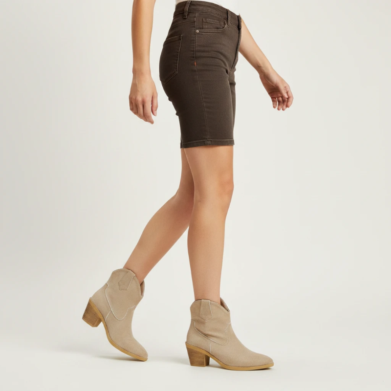 Yehaw ROSIE beige vegan suede ankle cowboy boots for women with a medium block heel and round toe design.