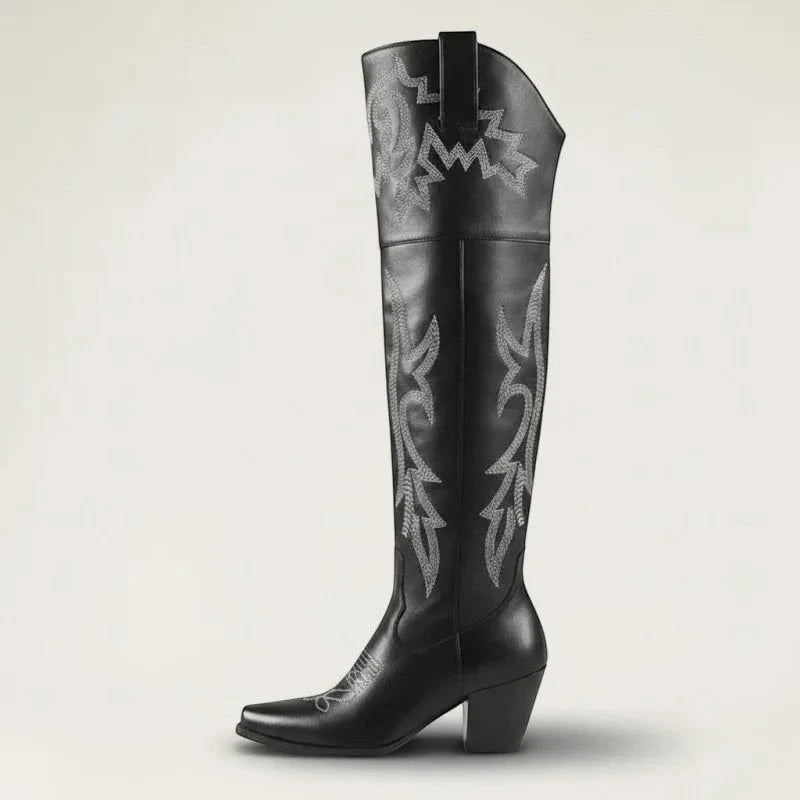 Yehaw BEATRICE black vegan leather knee-high cowgirl boots with white western embroidery and a pointed toe.