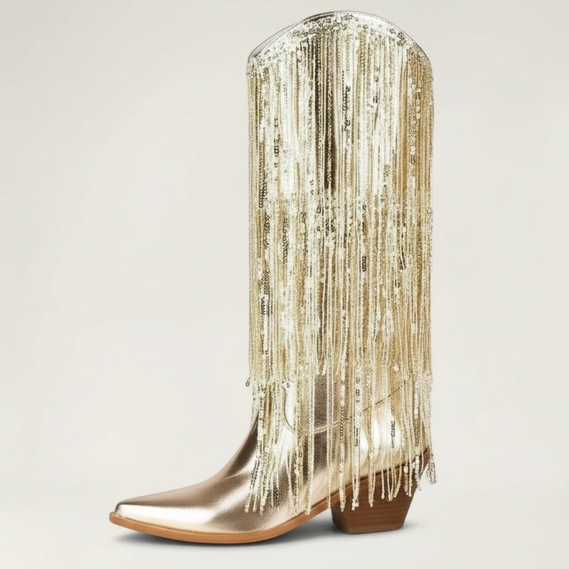 Yehaw gold vegan leather mid-calf cowgirl boots with long shimmering fringe and a pointed toe.
