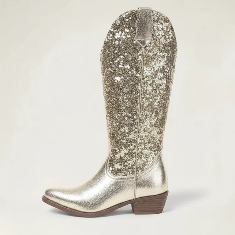 Yehaw GRACE mid-calf cowgirl boots in metallic gold vegan microfibre with a glittery shaft and round toe.