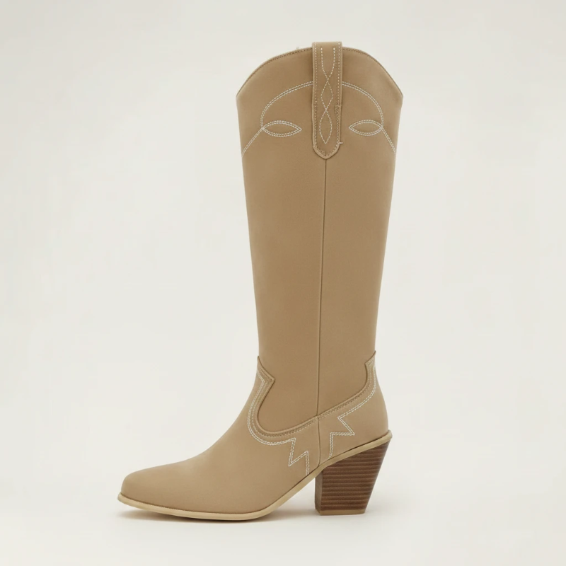Yehaw VERA beige vegan suede mid-calf cowgirl boots with round toe and high block heel