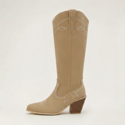 Yehaw VERA beige vegan suede mid-calf cowgirl boots with round toe and high block heel