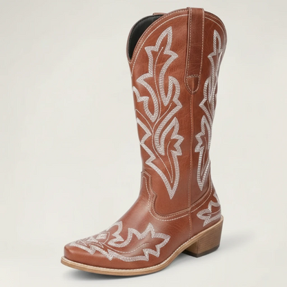 Yehaw brown vegan leather mid-calf cowgirl boots with white western embroidery and a round toe design.