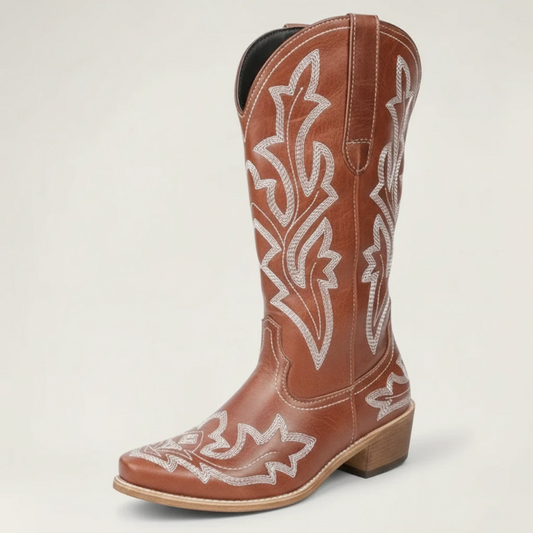 Yehaw brown vegan leather mid-calf cowgirl boots with white western embroidery and a round toe design.