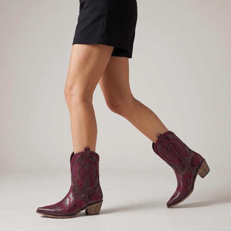 Yehaw CAMILA red vegan leather ankle cowgirl boots with pointed toe and decorative western stitching