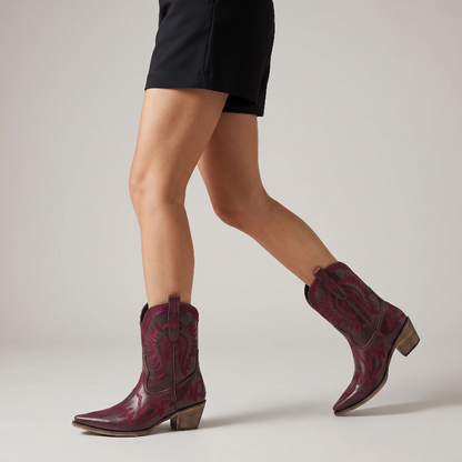 Yehaw CAMILA red vegan leather ankle cowgirl boots with pointed toe and decorative western stitching