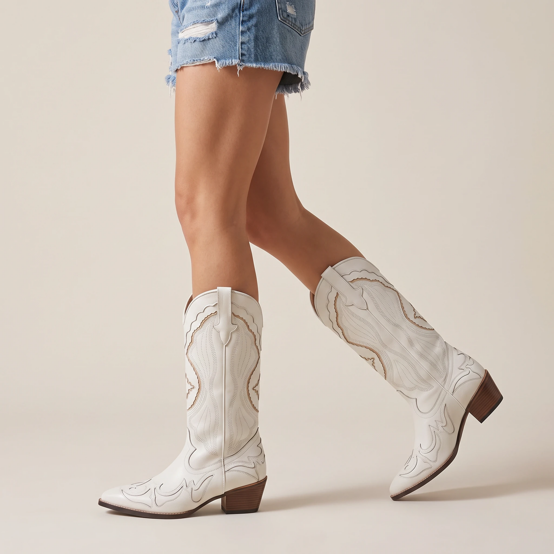 Yehaw ANAIS beige vegan leather mid-calf cowgirl boots with pointed toe and decorative western stitching, 