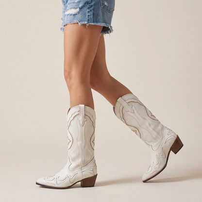 Yehaw ANAIS beige vegan leather mid-calf cowgirl boots with pointed toe and decorative western stitching, 