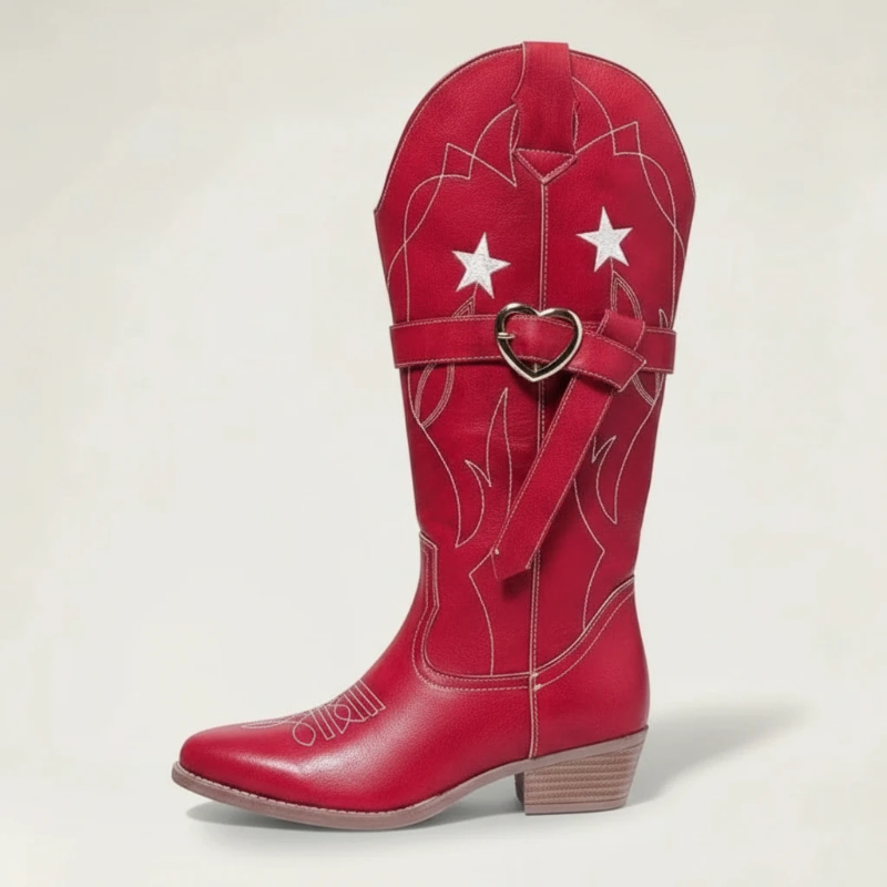 Yehaw red vegan leather mid-calf cowgirl boots with white star embroidery and a heart-shaped buckle strap.