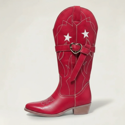 Yehaw red vegan leather mid-calf cowgirl boots with white star embroidery and a heart-shaped buckle strap.