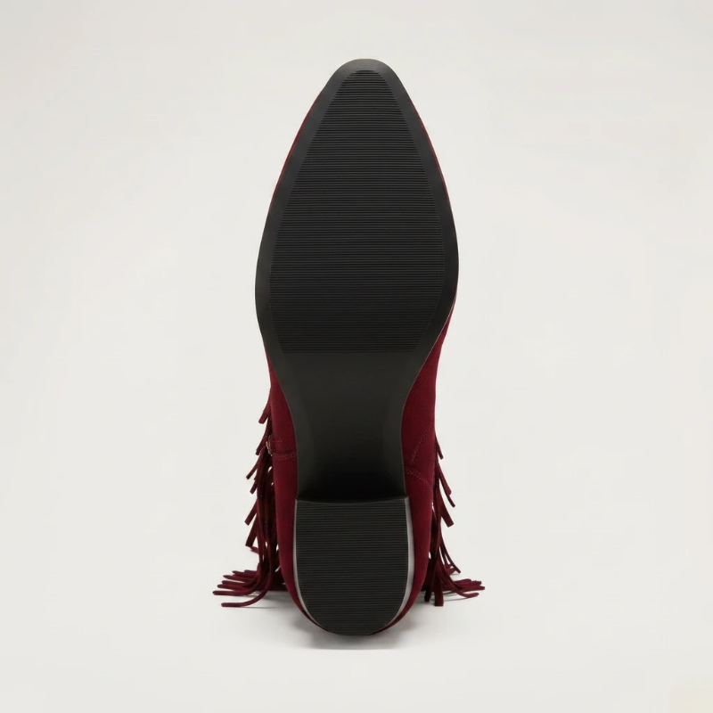 Yehaw red vegan suede mid-calf cowgirl boots with fringe detail and pointed toe