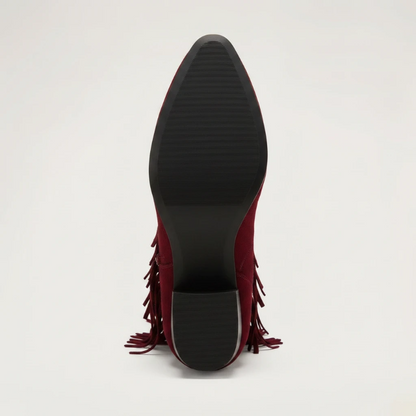 Yehaw red vegan suede mid-calf cowgirl boots with fringe detail and pointed toe