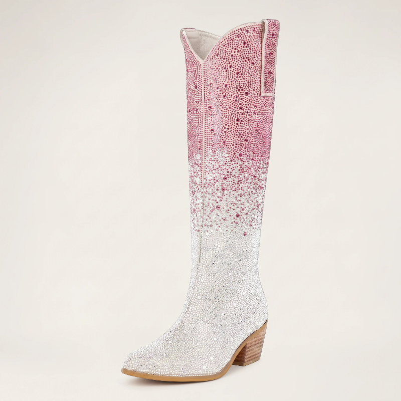 Yehaw knee-high vegan leather cowgirl boots with pink and silver rhinestones and a pointed toe.
