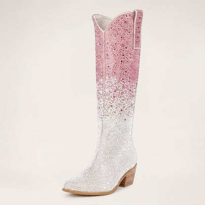 Yehaw knee-high vegan leather cowgirl boots with pink and silver rhinestones and a pointed toe.