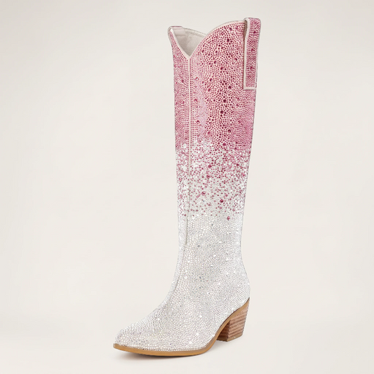 Yehaw knee-high vegan leather cowgirl boots with pink and silver rhinestones and a pointed toe.