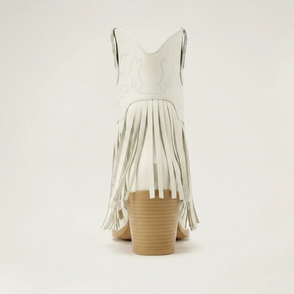 Yehaw DALIA beige vegan leather ankle cowgirl boots with fringe detailing and a medium block heel.