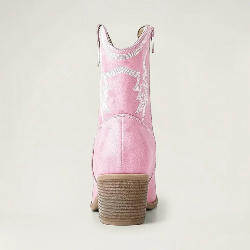 Yehaw pink vegan leather ankle cowgirl boots with white western stitching and a pointed toe