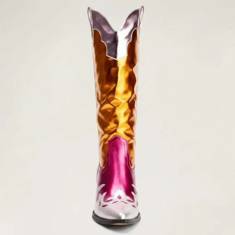 Yehaw DIANA mid-calf cowgirl boots in metallic gold and pink vegan microfibre with a pointed toe and western stitching.